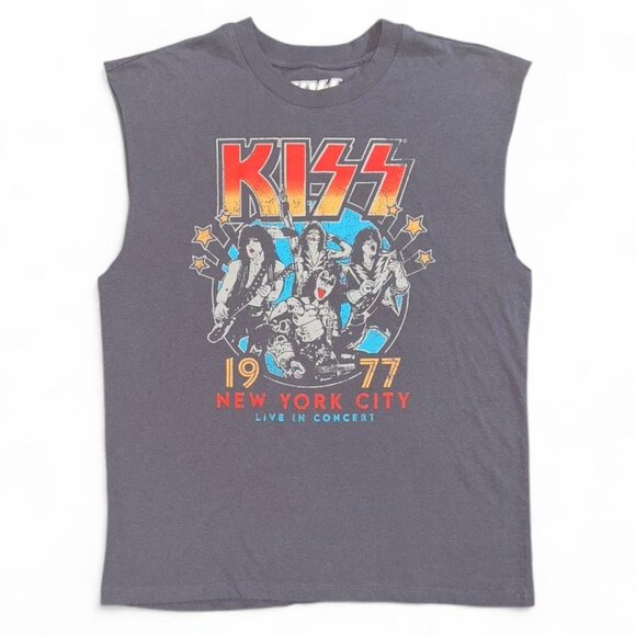 Kiss Tops - KISS Grey Graphic Sleeveless Crew Neck Oversized Relaxed Fit Tee T-Shirt Tank S